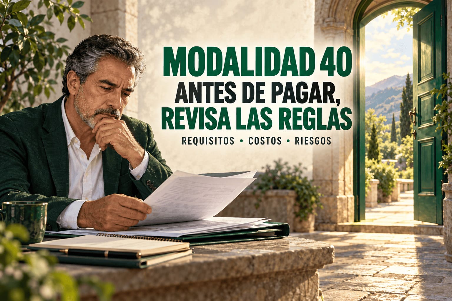 Hombre revisando documentos para decidir sobre Modalidad 40 del IMSS, con el mensaje «Antes de pagar, revisa las reglas».