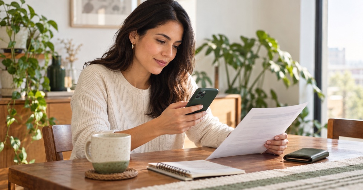 Mujer comparando una inversión gubernamental y una opción bancaria desde su teléfono