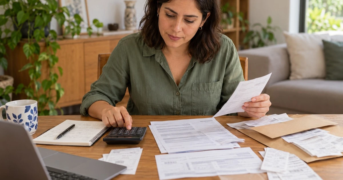 ersona mexicana revisando facturas y deducciones personales para su declaración anual