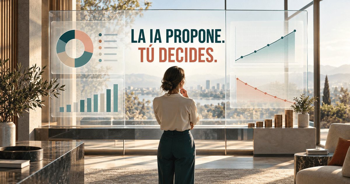 Mujer analizando un presupuesto, el crecimiento del ahorro y la reducción de deuda con apoyo de inteligencia artificial.