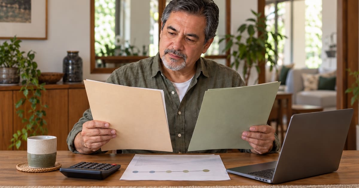 Hombre mexicano comparando dos expedientes para revisar su régimen de pensión”