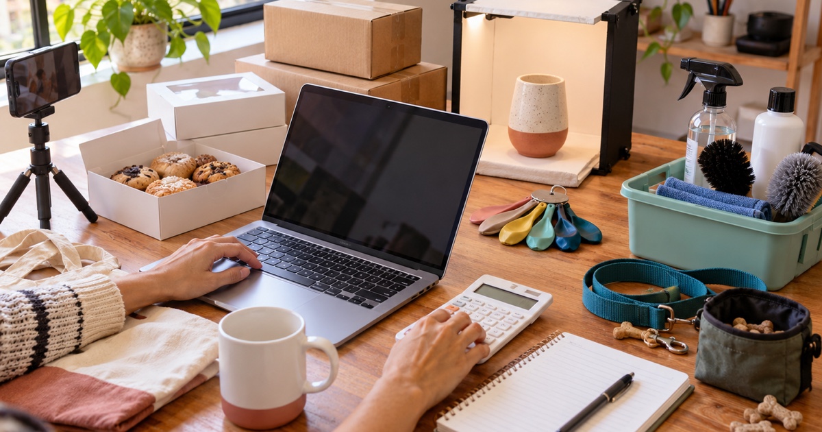 Emprendedora calcula costos frente a herramientas compactas para negocios digitales, repostería, fotografía, limpieza y cuidado de mascotas