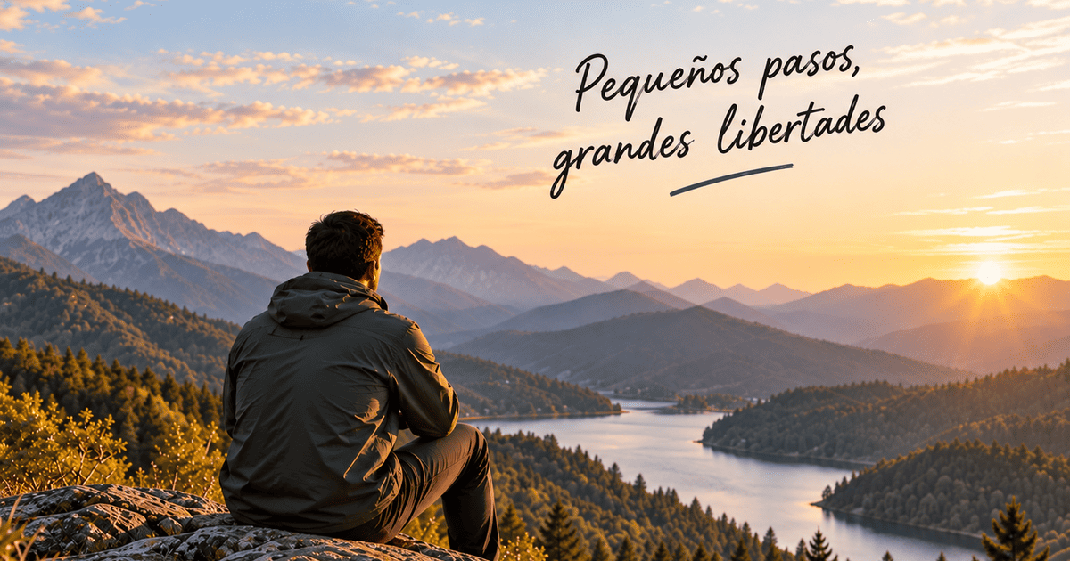 Persona contemplando un paisaje de montañas y un lago como símbolo de empezar a invertir con pasos pequeños hacia una mayor libertad.