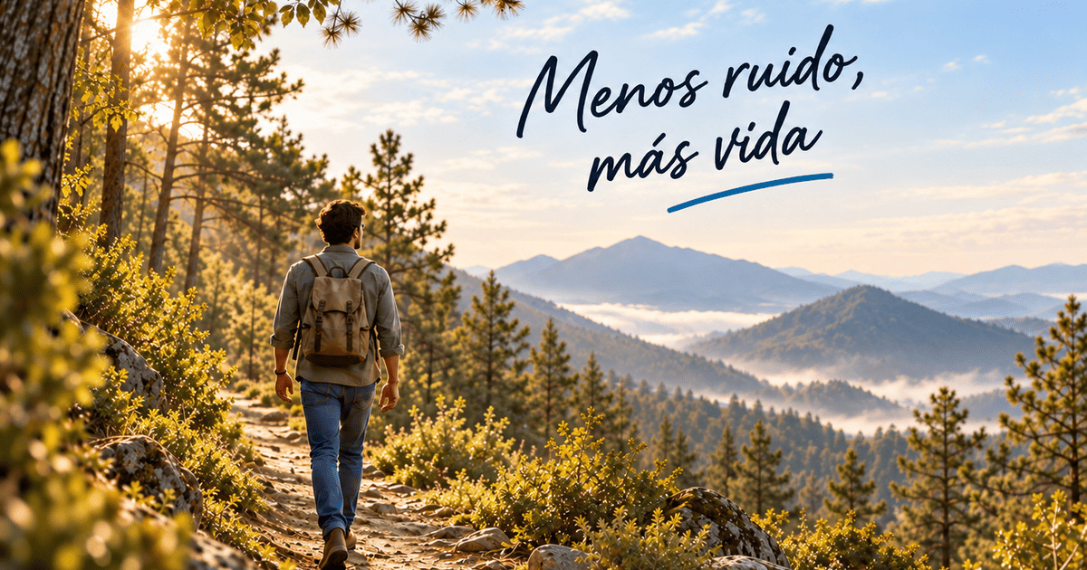 Persona caminando por un sendero entre árboles como símbolo de recuperar tiempo, atención y libertad mediante hábitos simples