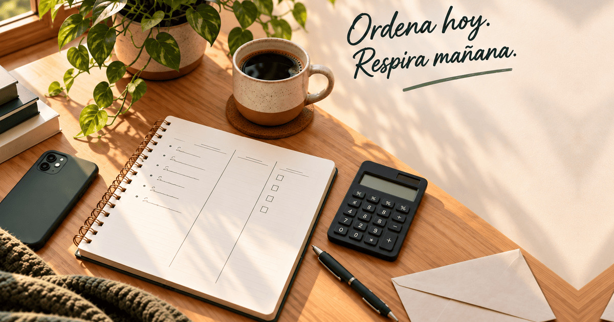 Escritorio ordenado con libreta, calculadora, teléfono y planta como símbolo de organizar las finanzas personales
